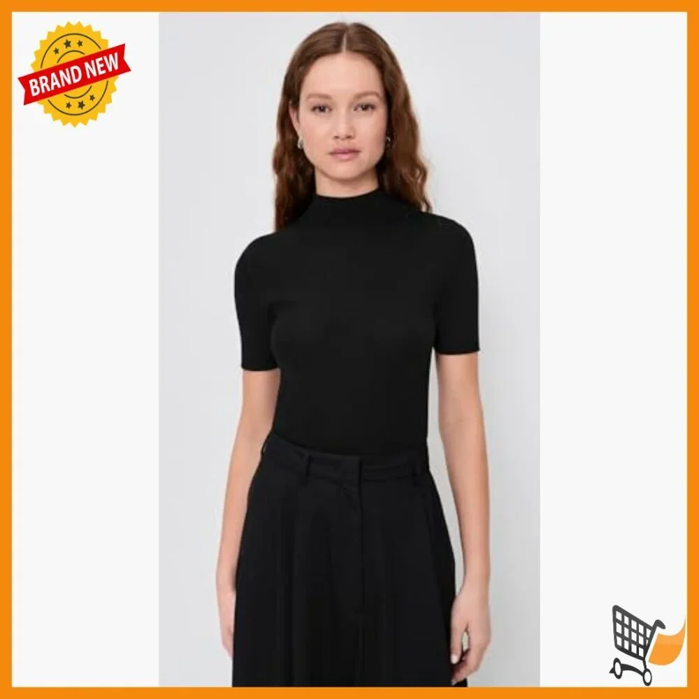 Merino Wool Mock Neck Pullover Sweater Lightweight Stretch Ribbed Knit
